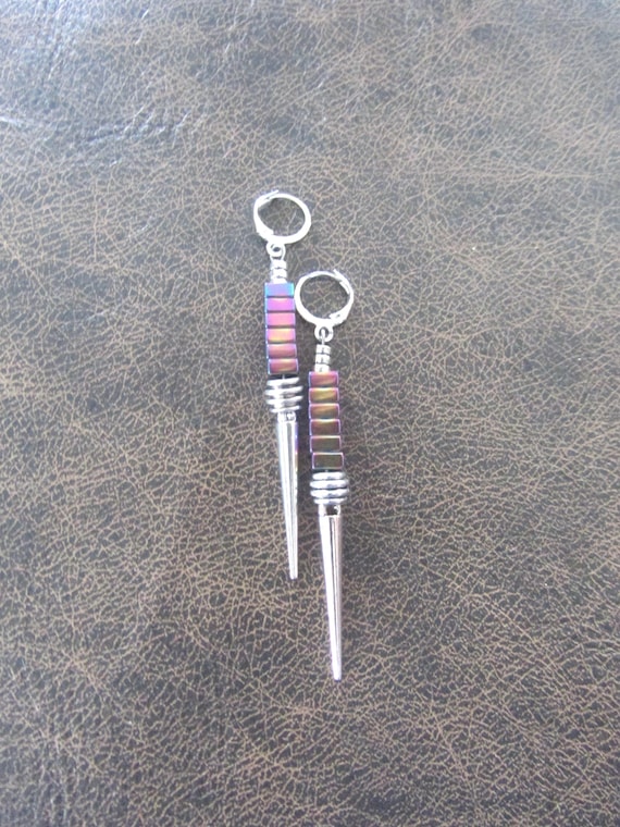 Silver and multicolor hematite spike earrings