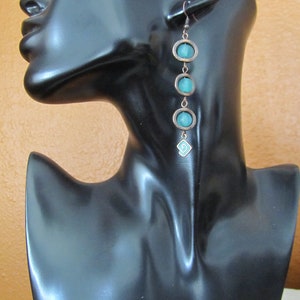 Long teal frosted glass and copper earrings image 3