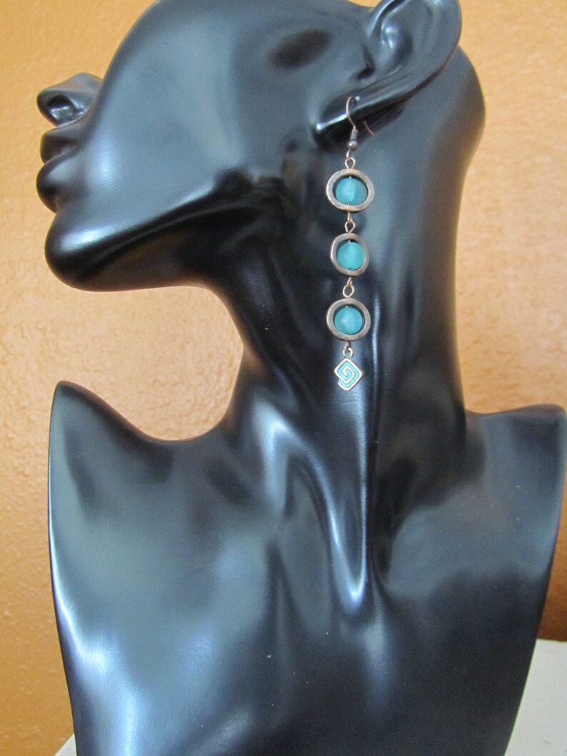 Long teal frosted glass and copper earrings image 3