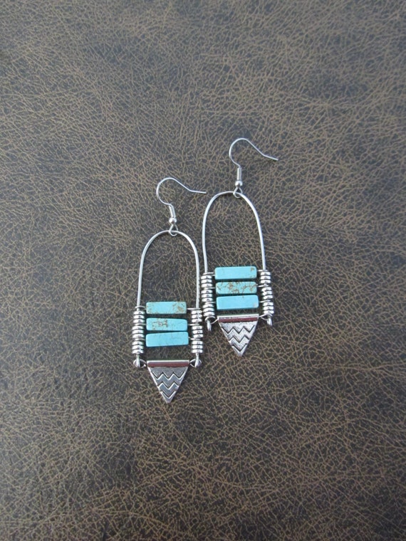 Ethnic earrings, Afrocentric earrings, boho earrings, tribal earrings, silver and blue rustic earrings, bold earrings, modern chic earrings