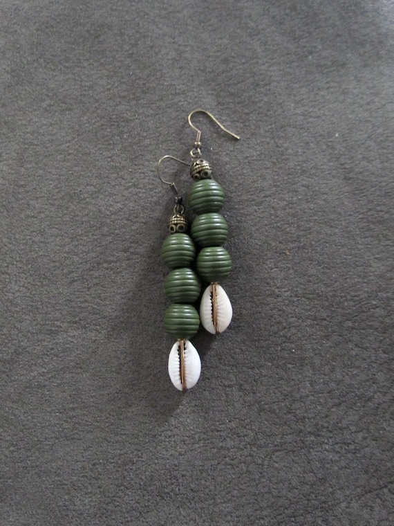 Wooden and cowrie shell earrings, army green