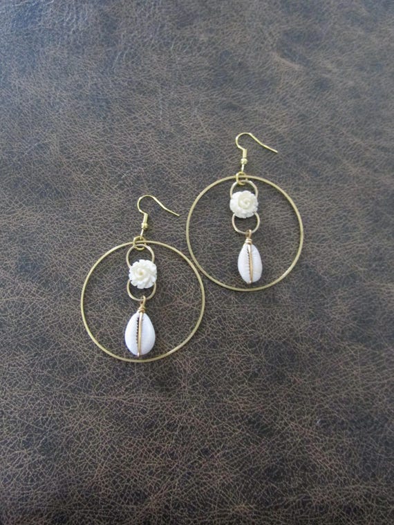 Large Cowrie shell and bone hoop earrings