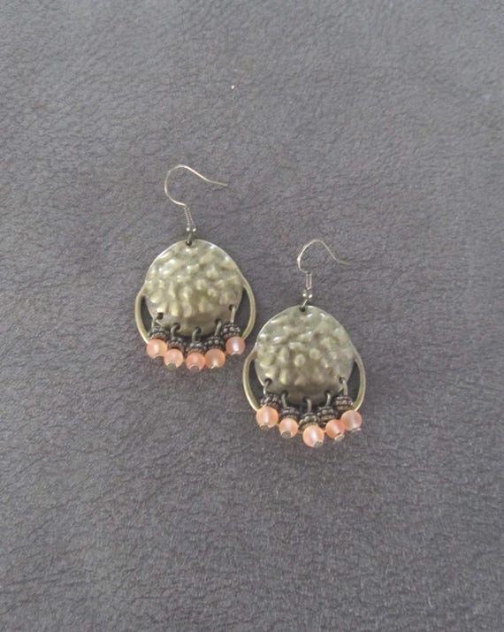 Orange frosted glass and hammered bronze chandelier earrings