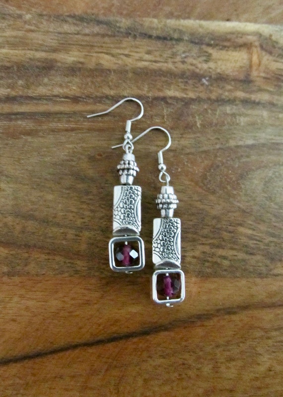 Silver and purple crystal earrings