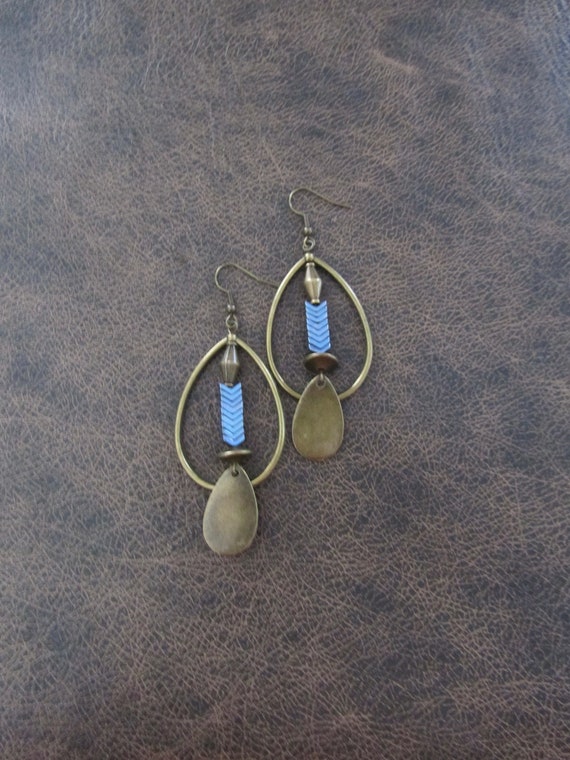 Bronze and hematite tear drop hoop earrings, blue