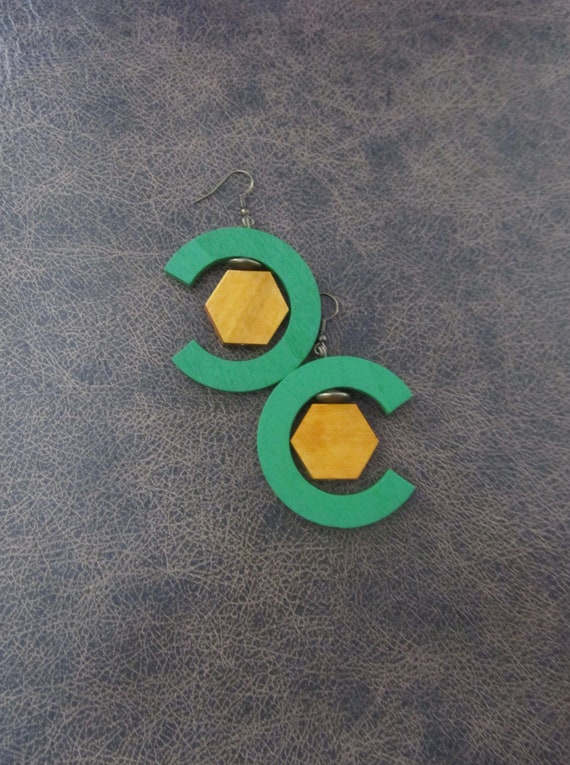 Wooden earrings, statement geometric earrings, green earrings, hexagon earrings