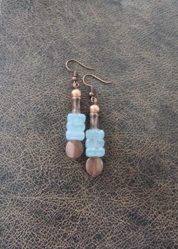 Ice blue frosted glass and copper earrings