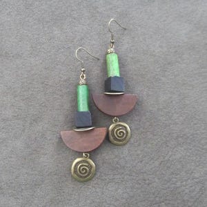 Geometric Wooden Statement Earrings: Rustic Bronze & Green