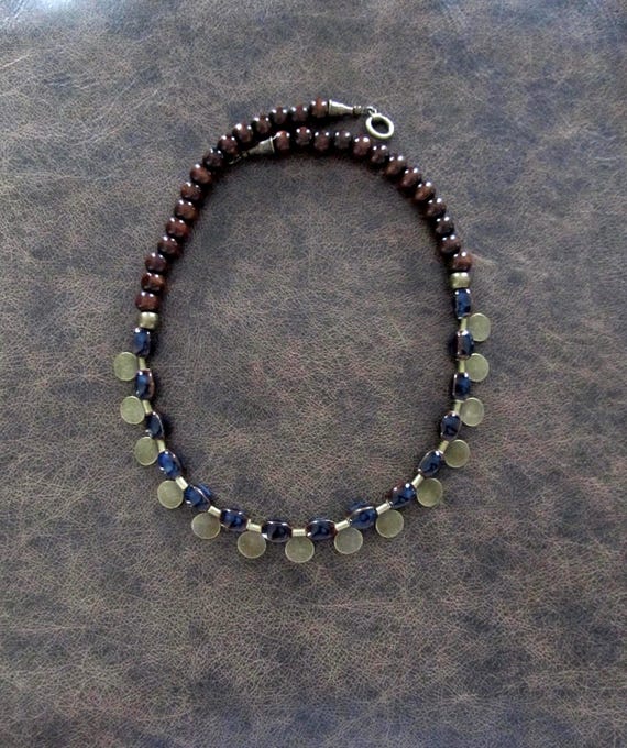 Ceramic and wooden beaded necklace, dark blue