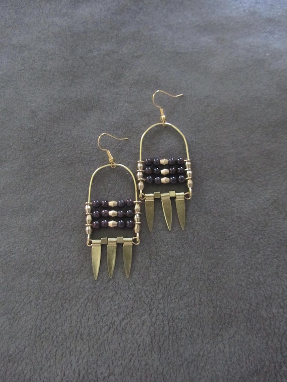 Dark stone and brass ethnic statement earrings