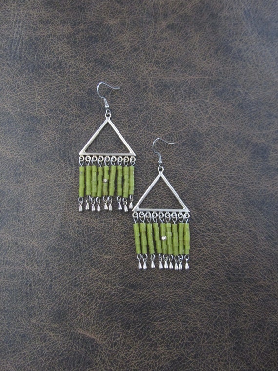Long seed bead chandelier earrings, lime green