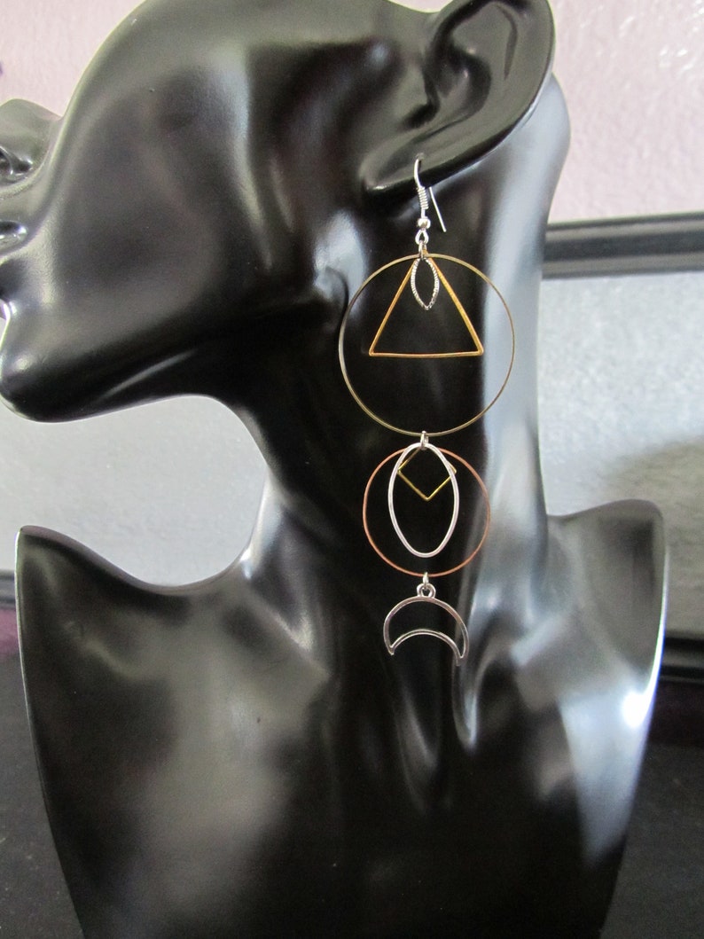 Long geometric earrings, mixed metal earrings, exotic hippie earrings image 3