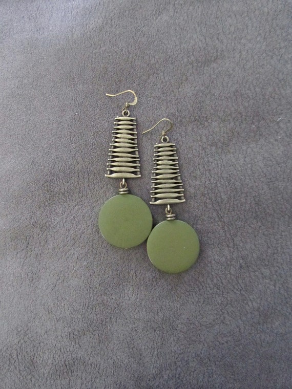 Mid century modern earrings, long khaki wood and bronze Afrocentric dangle earrings, chic earrings, African earrings, bold statement earring
