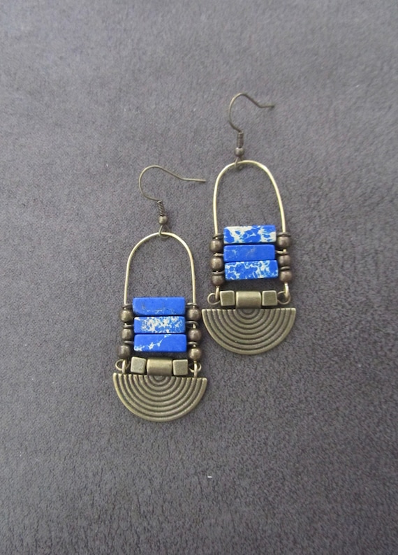 Sediment jasper earrings, royal blue tribal chandelier earrings, unique ethnic earrings, modern Afrocentric earrings, boho chic earrings