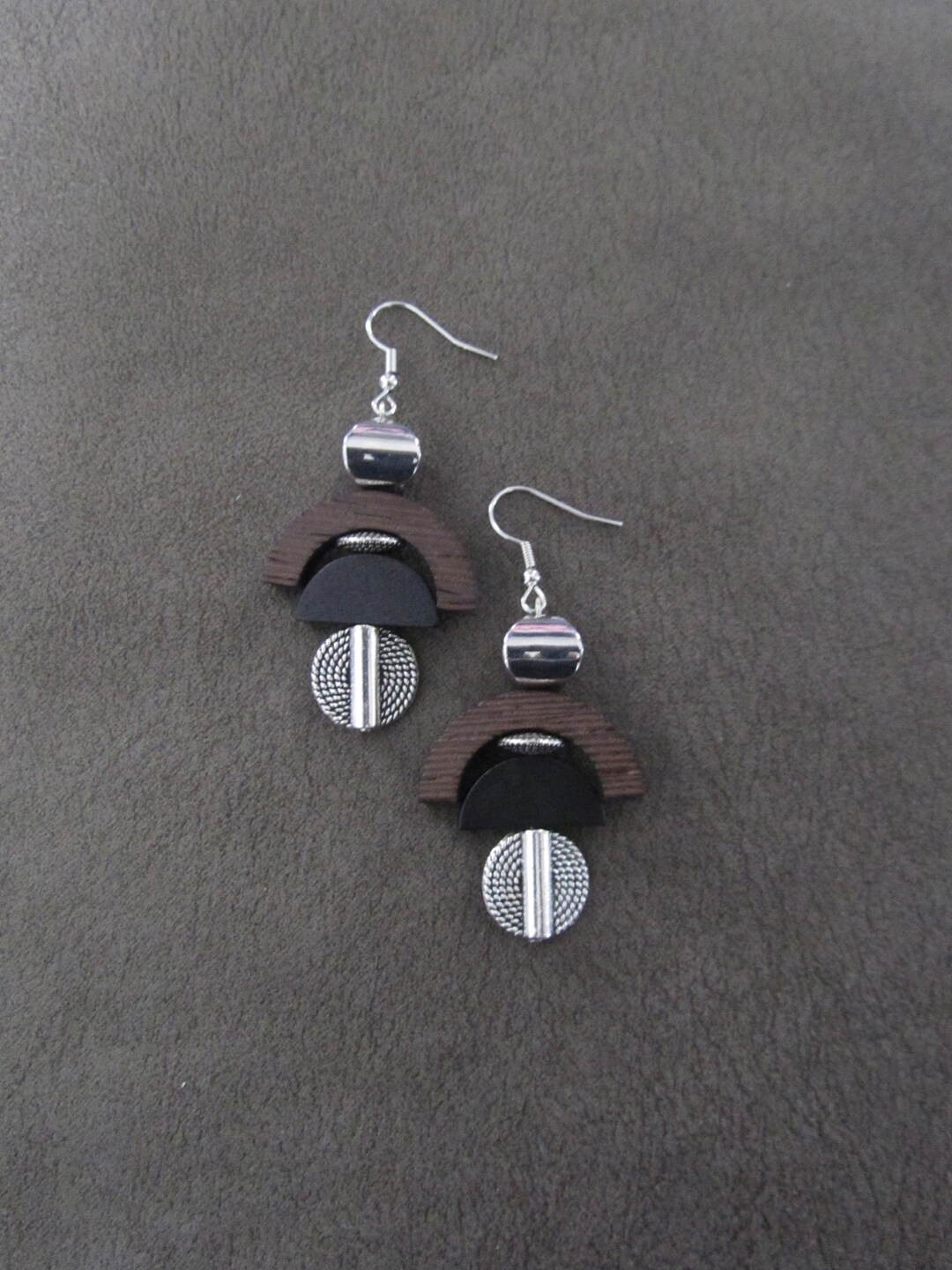 Carved Wooden Earrings Black and Silver Etsy