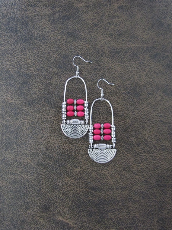Pink magnesite stone and silver ethnic statement earrings