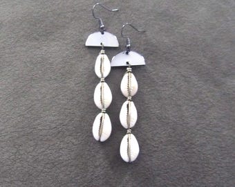 Long cowrie shell and gunmetal gray unique modern dangle earrings