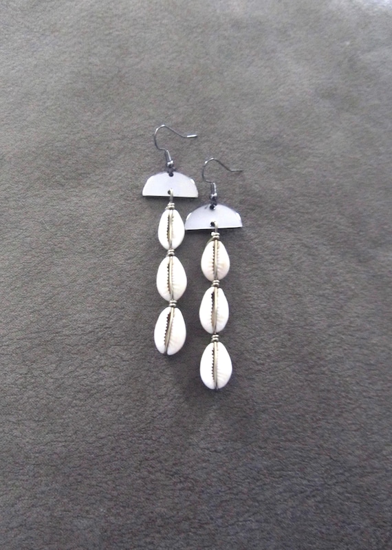 Long cowrie shell and gunmetal gray unique modern dangle earrings