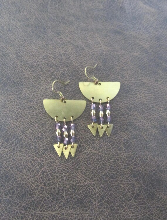 Purple crystal and brass modern chandelier earrings