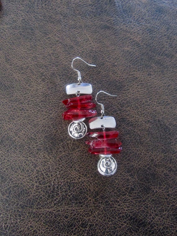 Raw quartz red crystal earrings, rustic boho silver unique earrings, geode natural bohemian