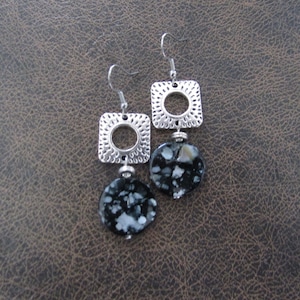 Mid century modern black mother of pearl and silver earrings 2 image 1