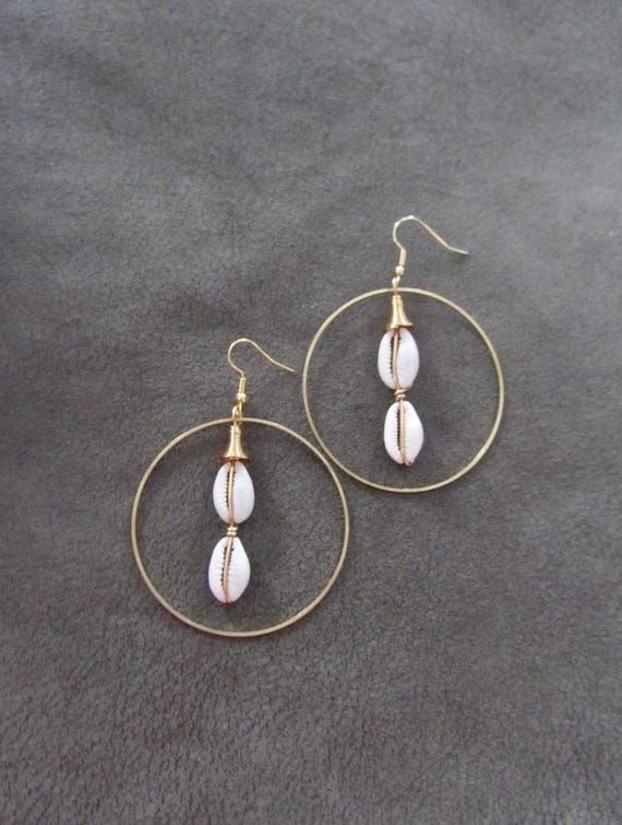 Cowrie shell and brass hoop earrings