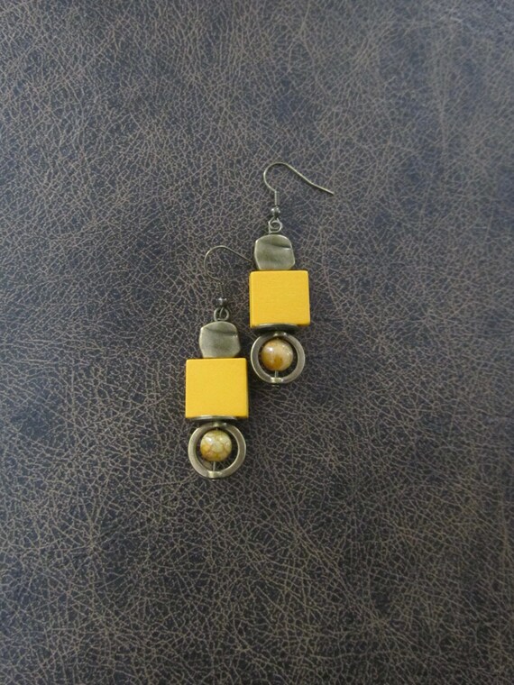 Yellow wooden and stone earrings