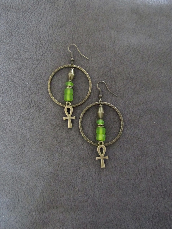 Hoop earrings frosted green glass and ankh