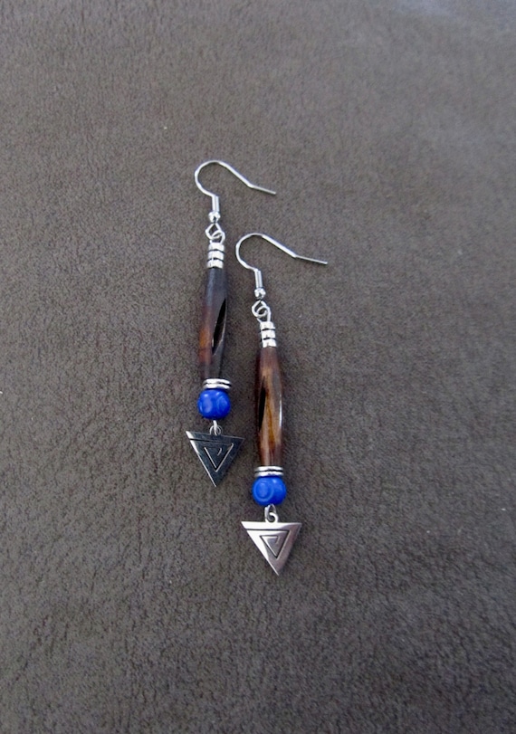 Carved bone and silver earrings, blue