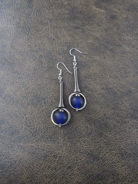Mid century modern earrings royal blue frosted glass and gunmetal earrings