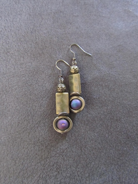 Hammered bronze earrings, gypsy earrings, rainbow multicolor druzy agate earring