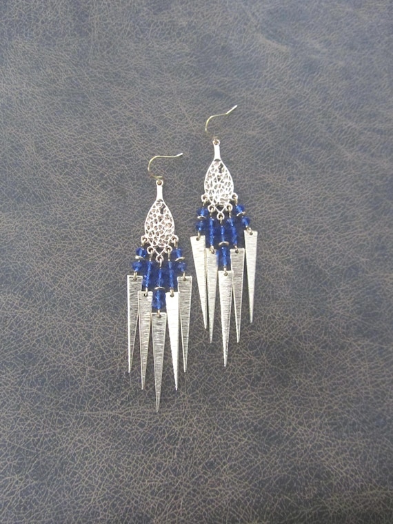 Dramatic blue crystal and light gold chandelier earrings
