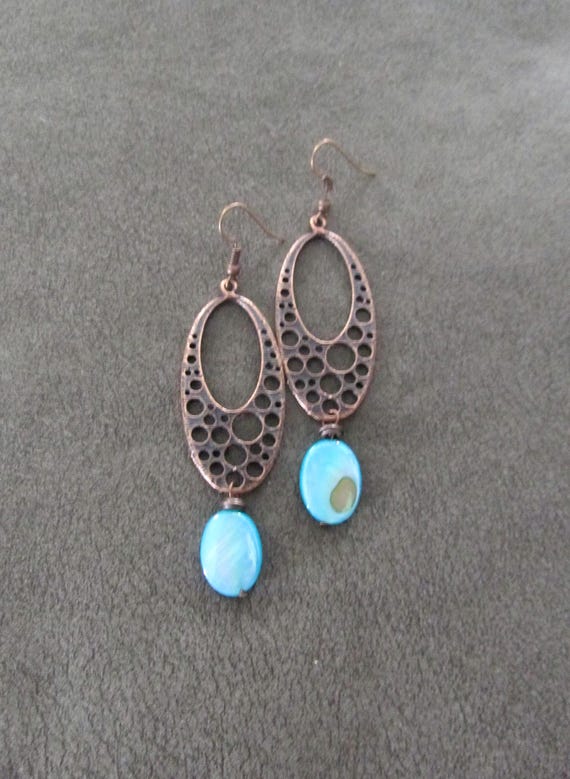 Aqua blue and copper midcentury modern mother of pearl shell earrings
