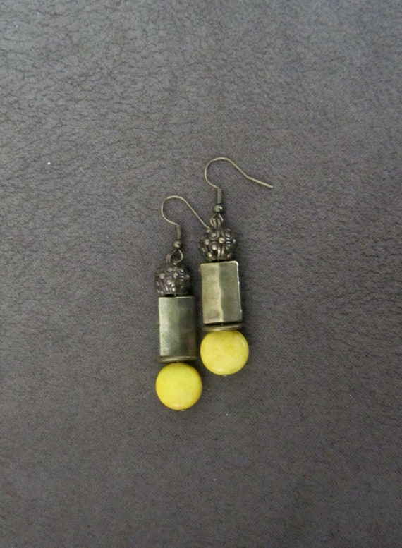 Hammered bronze and yellow stone earrings