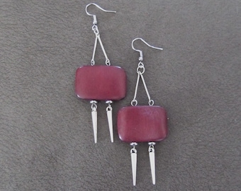 Large geometric mid century wooden earrings, red