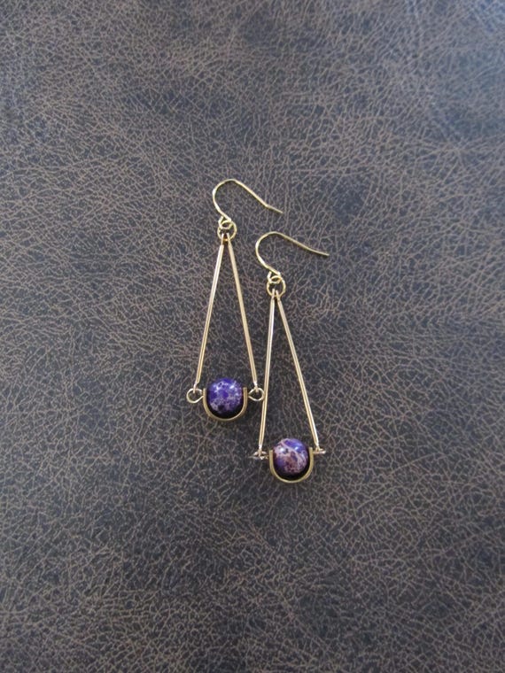 Pendulum purple jasper earrings, gold