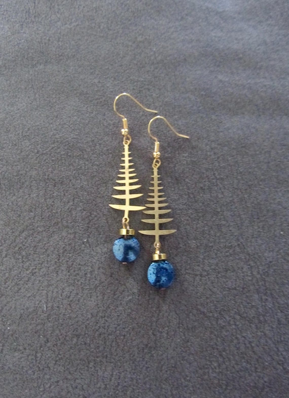 Unique fish bone brass and lava rock earrings