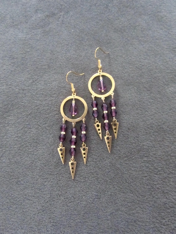 Chandelier purple crystal and gold earrings
