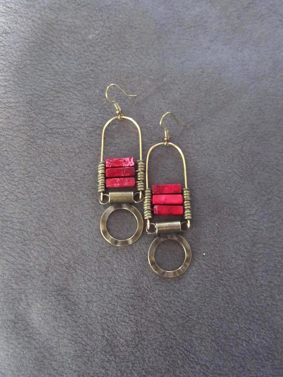 Red Imperial Jasper Chandelier Earrings: Tribal Boho Style