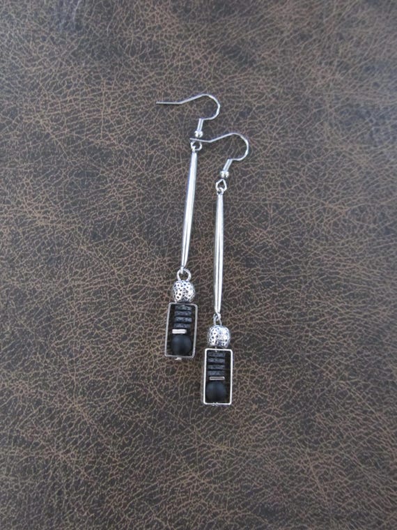 Black and silver minimalist earrings, simple mid century modern earrings