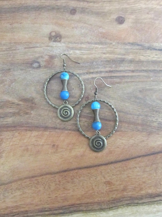 Hammered bronze hoop and blue stone earrings, Bohemian boho earrings