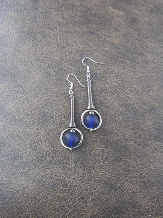 Mid century modern earrings royal blue frosted glass and gunmetal earrings