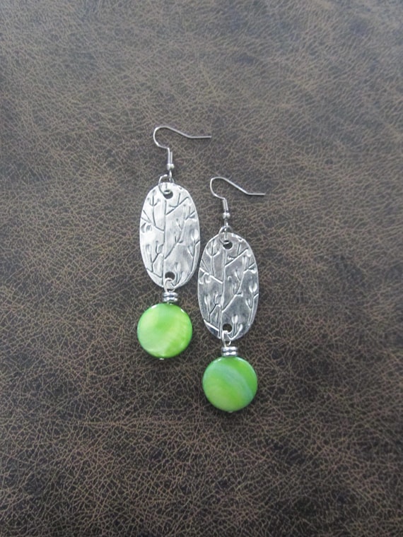 Bohemian green mother of pearl and silver earrings