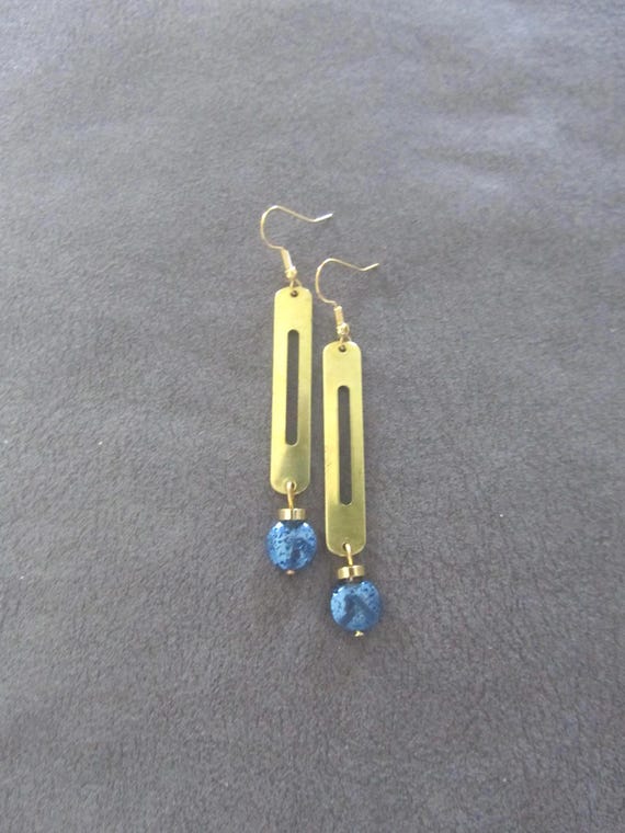 Sleek brass and lava rock earrings