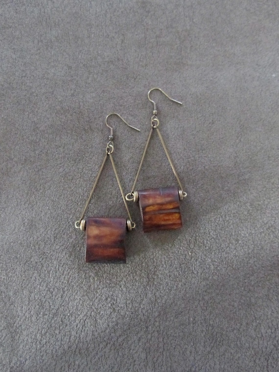 African print bone earrings, brown and bronze
