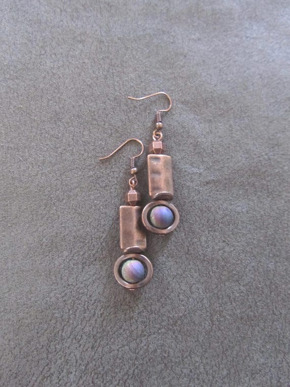 Hammered copper earrings, gypsy earrings, rainbow multicolor druzy agate earring