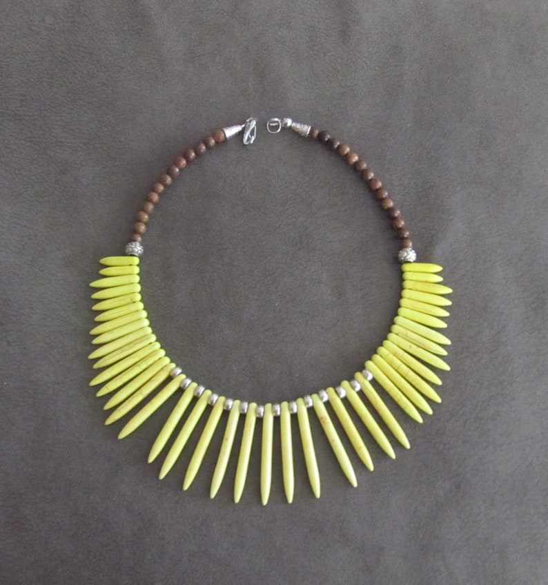 Yellow bib necklace, statement necklace, bold African Afrocentric necklace, exotic necklace, tribal ethnic necklace, primitive silver image 1