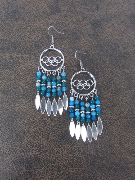 Blue agate and silver ethnic chandelier earrings