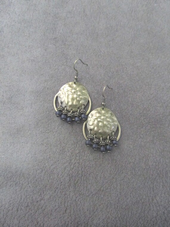 Black frosted glass and hammered bronze chandelier earrings