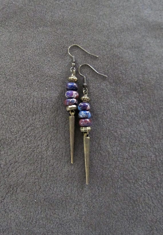 Unique spike and purple stone earrings bronze